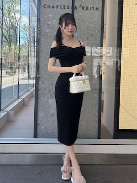 「ROYAL PARTY（ロイヤルパーティー）のタックカシュクールラメタイトワンピース（ワンピース、ブラック系）」を使った、ROYALPARTYさん（レディース・158cm）の夏コーディネート