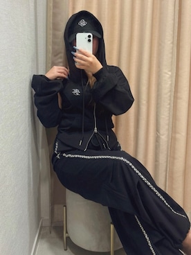 「ROYAL PARTY（ロイヤルパーティー）のラインストーンワイドパンツ（その他パンツ、ブラック系）」を使った、ROYALPARTYさん（レディース・155cm）の夏コーディネート