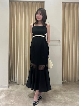 「ROYAL PARTY（ロイヤルパーティー）の配色ストリングレース切替キャミワンピース（ワンピース、ブラック系）」を使った、ROYALPARTYさん（レディース・155cm）の夏コーディネート