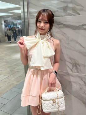 「ROYAL PARTY（ロイヤルパーティー）のリボン付アメスリティアードブラウスセットアップ（シャツ/ブラウス、ピンク系）」を使った、ROYALPARTYさん（レディース・158cm）の春コーディネート