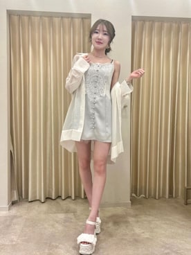 「ROYAL PARTY（ロイヤルパーティー）のビンテージライクレースサロペット（つなぎ/オールインワン、グレー系）」を使った、ROYALPARTYさん（レディース・158cm）の夏コーディネート
