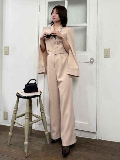 丈が選べる】ベルト付ケープ風オールインワン（つなぎ/オールインワン