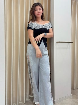 「ROYAL PARTY（ロイヤルパーティー）のモチーフレースニットトップス（ニット/セーター、ブラック系）」を使った、ROYALPARTYさん（レディース・155cm）の夏コーディネート
