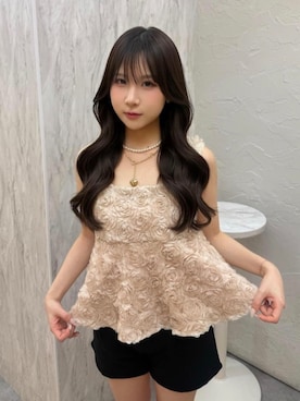 「ROYAL PARTY（ロイヤルパーティー）のチュールフラワーペプラムトップス（シャツ/ブラウス、ピンク系）」を使った、ROYALPARTYさん（レディース・155cm）の夏コーディネート