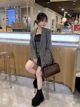 「ROYAL PARTY（ロイヤルパーティー）のレーストリミングチェックワンピース（ワンピース、ブラウン系）」を使った、ROYALPARTYさん（レディース・159cm）の秋コーディネート
