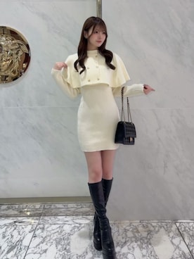 「ROYAL PARTY（ロイヤルパーティー）のケープ付ニットタイトミニワンピース（ワンピース、ホワイト系）」を使った、ROYALPARTYさん（レディース・159cm）の秋コーディネート