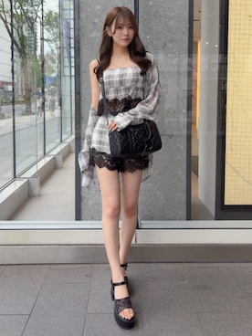 「ROYAL PARTY（ロイヤルパーティー）のチェックレースショートパンツ（その他パンツ、ブラック系）」を使った、ROYALPARTYさん（レディース・155cm）の夏コーディネート