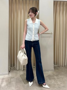 「ROYAL PARTY（ロイヤルパーティー）の衿付配色ノースリーブラメニットトップス（ニット/セーター、ブルー系）」を使った、ROYALPARTYさん（レディース・155cm）の夏コーディネート