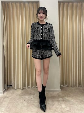 「ROYAL PARTY（ロイヤルパーティー）のシアープリーツドッキングニットツイードトップス（ニット/セーター、ブラック系）」を使った、ROYALPARTYさん（レディース・159cm）の秋コーディネート