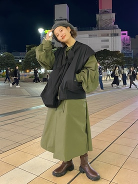「ミリタリーコーデ」｜「アイテム（ハンチング/ベレー帽）」を使った、えぐっちょさん（レディース・155cm）の秋コーディネート