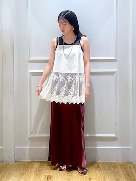 「A part by（アパートバイ）のカトリーヌサテンナロースカート（スカート）」を使った、mahoさん（レディース・162cm・20代）の夏コーディネート