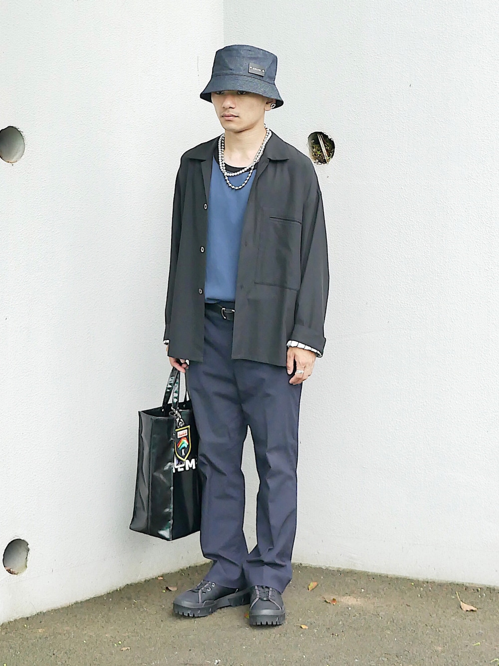 「低身長、低身長男子、低身長コーデ、soe、オニツカタイガー、CULLNI、デニムハット、パールネックレス、レザーベルト、タンクトップ、タックイン、リンガーTシャツ、リンガーT、シャツジャケット、ストライプ柄」｜「ブログ・YouTubeのアイテム（その他、その他）」を使った、小柄の小松@162cmさん（メンズ・162cm）の夏コーディネートの1枚目の写真
