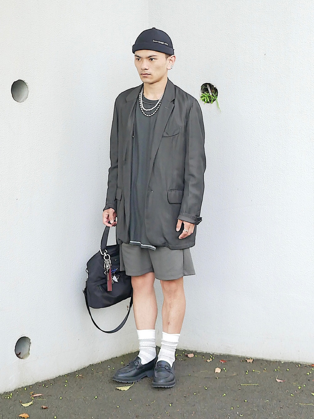 「低身長、低身長男子、低身長コーデ、soe、gu×undercover、JW Anderson x UNIQLO、KIJIMA TAKAYUKI、フィッシャーマンキャップ、パールネックレス、白ソックス、短パン、カーキパンツ、セットアップスタイル、セットアップ風、ロングジャケット」｜「ブログ・YouTubeのアイテム（その他、その他）」を使った、小柄の小松@162cmさん（メンズ・162cm）の秋コーディネートの1枚目の写真