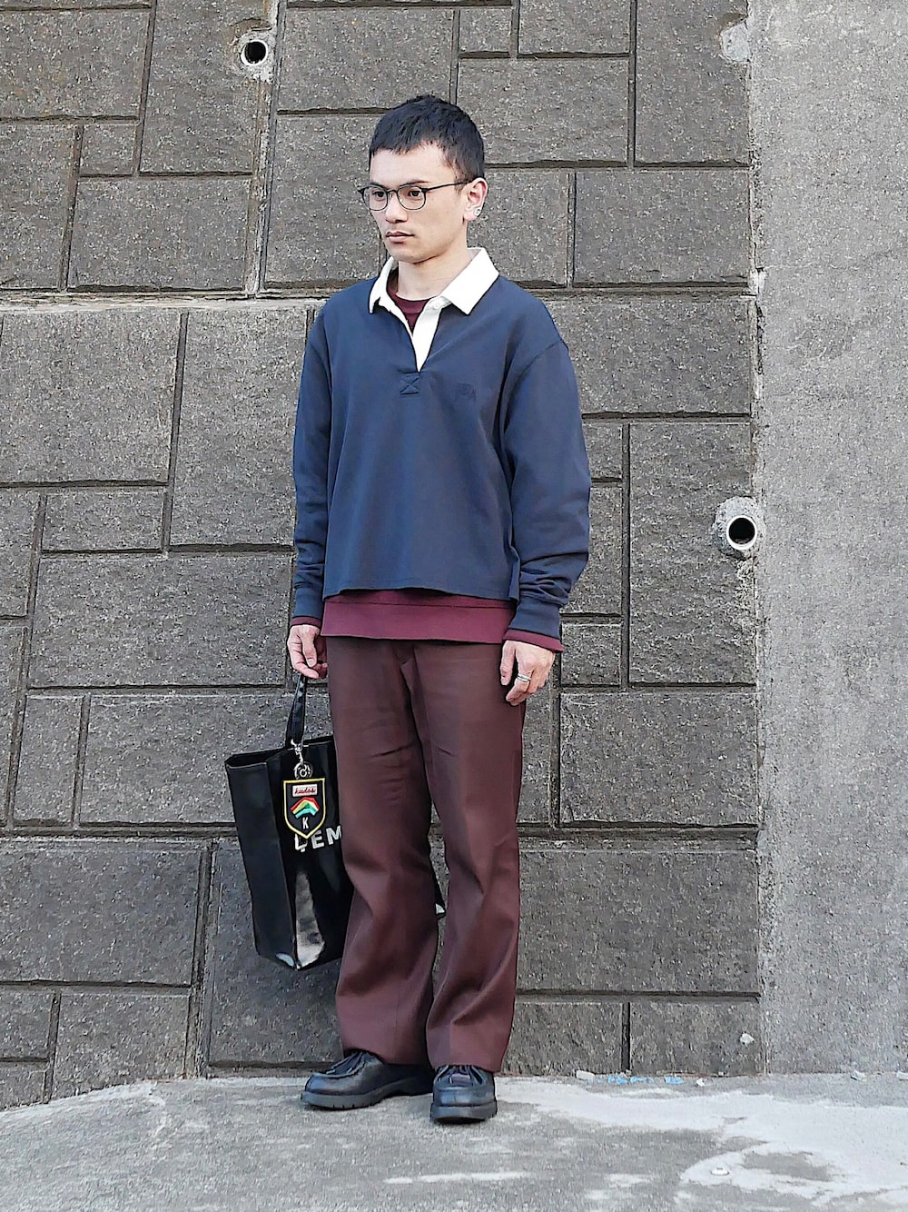 「低身長、低身長男子、低身長コーデ、低身長ファッション、soe、JW Anderson x UNIQLO、KLEMAN、ラガーシャツ、ショート丈トップス、ショート丈、チロリアンシューズ、レディース、レディースアイテム」｜「ブログ・YouTubeのアイテム（その他、その他）」を使った、小柄の小松@162cmさん（メンズ・162cm）の春コーディネートの1枚目の写真