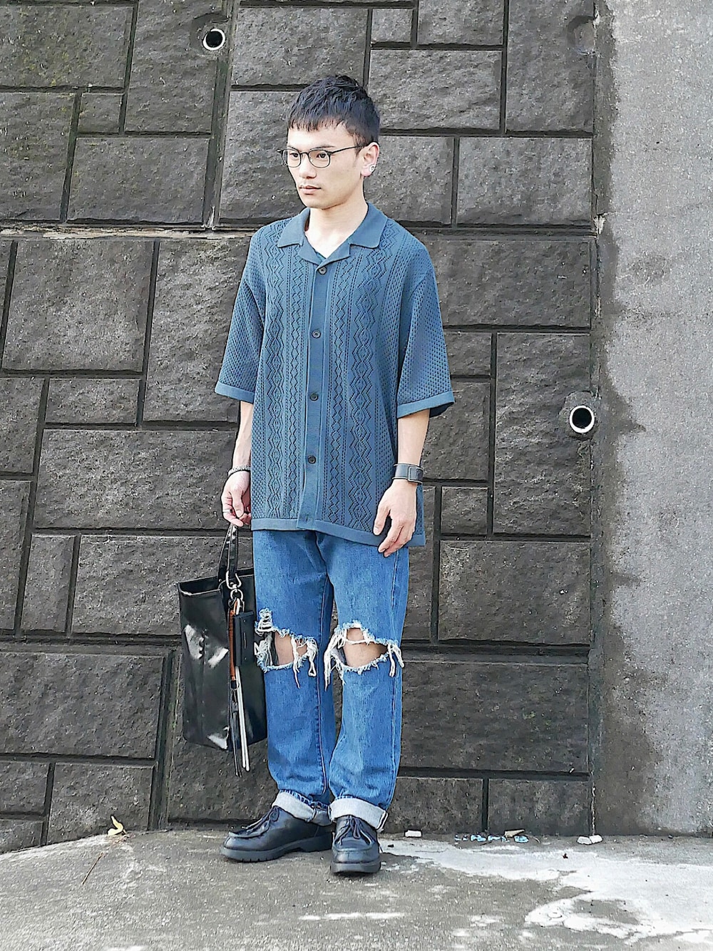 「低身長、低身長男子、低身長コーデ、低身長ファッション、soe、GUコーデ、LOEWE、KLEMAN、ダメージデニムパンツ、ダメージデニム、ダメージジーンズ、ヒザデルパンツ、チロリアンシューズ、メッシュシャツ、透かし編みニット」｜「ブログ・YouTubeのアイテム（その他、その他）」を使った、小柄の小松@162cmさん（メンズ・162cm）の夏コーディネートの1枚目の写真