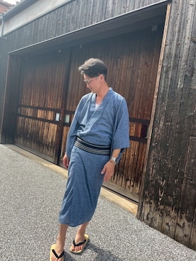「アイテム（水着/着物・浴衣、ブルー系）」を使った、bebeさん（メンズ・182cm）の夏コーディネート