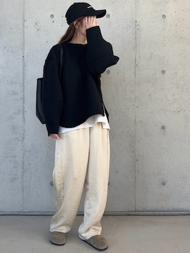 「サテンパンツ」｜「アイテム（帽子）」を使った、Aさん（レディース・156cm）の冬コーディネート