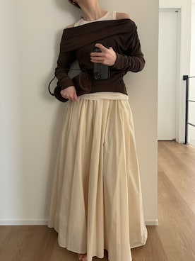 「MAQWEL（マクウェル）の【MAQWEL/マクウェル】ウォッシャブルレイヤードドレープロンＴ（Tシャツ/カットソー、ブラウン系）」を使った、Aさん（レディース・156cm）の春コーディネート