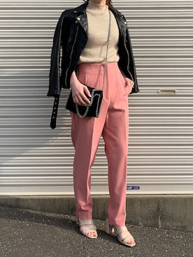 「リブニット」｜「アイテム（ライダースジャケット）」を使った、Aさん（レディース・156cm）の春コーディネート