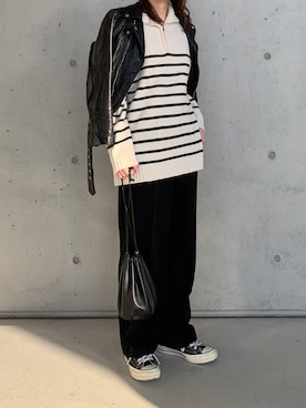 「巾着バッグ」｜「アイテム（ライダースジャケット）」を使った、Aさん（レディース・156cm）の春コーディネート