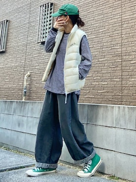 「アイテム（ダウンベスト）」を使った、youkiさん（レディース・161cm）の秋コーディネート