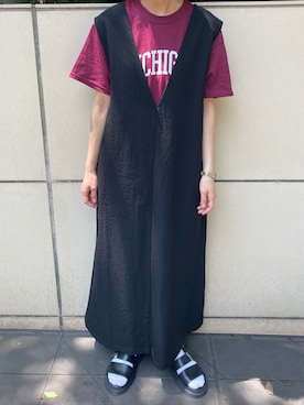 「ANGIE（アンジー）のリネンタッチVネックワンピース（ワンピース）」を使った、mariko さん（レディース・153cm）の夏コーディネート