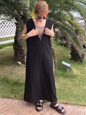 「ANGIE（アンジー）のリネンタッチVネックワンピース（ワンピース）」を使った、mariko さん（レディース・153cm）の夏コーディネート
