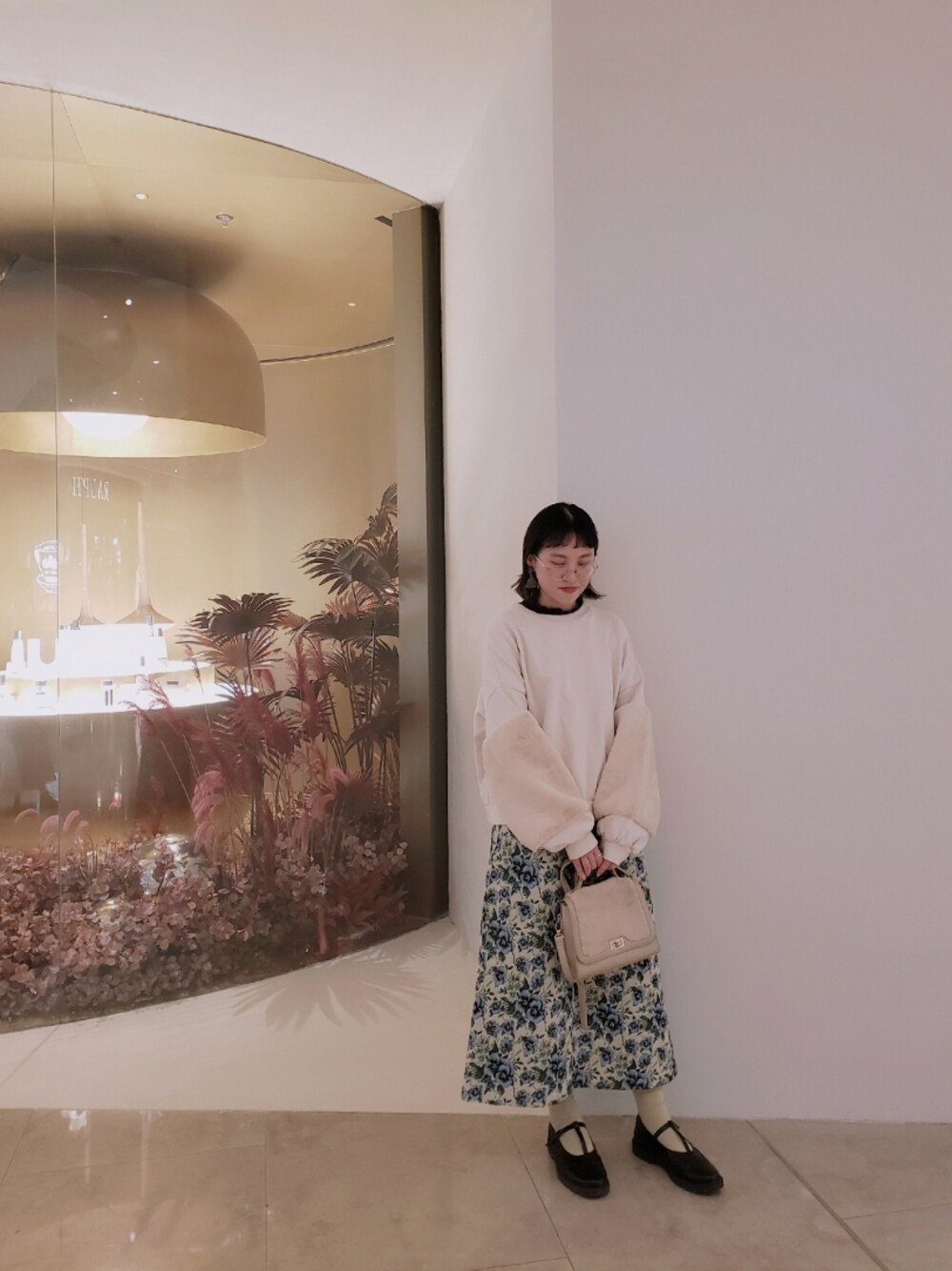 「ootd、今日のコーデ、今日の服、秋のコーデ、merry jenny、wcloset、MUJI、merlotplus、GU」｜「w closetのクルーネックファー袖プルオーバー（スウェット、ホワイト系）」を使った、evenさん（レディース・158cm）の秋コーディネートの1枚目の写真