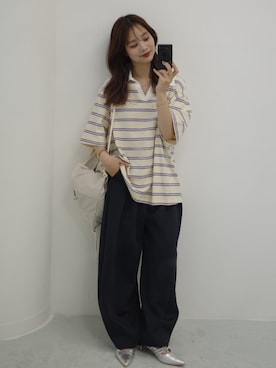 「JUMELLE（ジュメロ）のルーズマルチポロT（T Shirts、ホワイト系）」を使った、安中亜美さん（レディース・149cm）の夏コーディネート