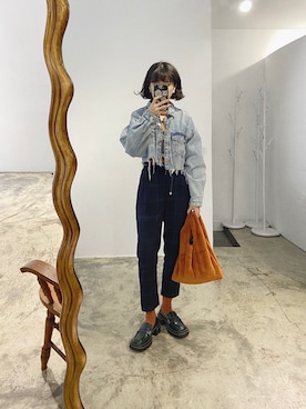 「アイテム（ローファー、グリーン系）」を使った、安吉🍀さん（レディース・162cm）の秋コーディネート