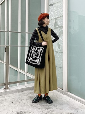 「アイテム（ローファー、グリーン系）」を使った、安吉🍀さん（レディース・162cm）の冬コーディネート