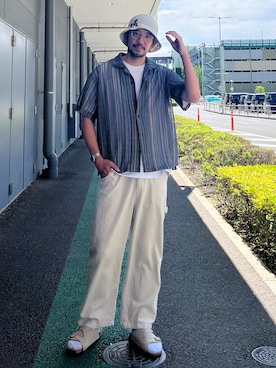 「お出掛けコーデ」｜「アイテム（帽子）」を使った、sjさん（メンズ・182cm）の夏コーディネート