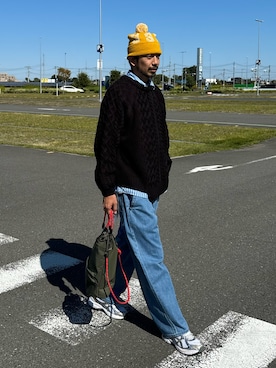 「ケーブルニット」｜「アイテム（ニットキャップ/ビーニー）」を使った、sjさん（メンズ・182cm）の秋コーディネート