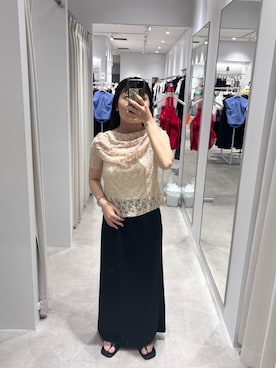 「SENSE OF PLACE by URBAN RESEARCH(センスオブプレイスバイアーバンリサーチ)のレースドレープトップ(Tシャツ/カットソー、ベージュ系)」を使った、ayanaさん(レディース・150cm)の夏コーディネート