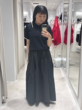 「SENSE OF PLACE by URBAN RESEARCH(センスオブプレイスバイアーバンリサーチ)の『洗濯可』フリルニットポロシャツ(ニット/セーター、ブラック系)」を使った、ayanaさん(レディース・150cm)の春コーディネート