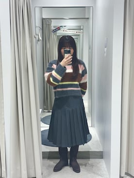 「アイテム（スカート、グリーン系）」を使った、ayanaさん（レディース・150cm）の冬コーディネート