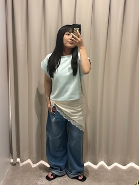 「SENSE OF PLACE by URBAN RESEARCH(センスオブプレイスバイアーバンリサーチ)のモチモチポンチTシャツ(Tシャツ/カットソー、ブルー系)」を使った、ayanaさん(レディース・150cm)の夏コーディネート