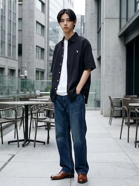 「U.S. POLO ASSN.（ユーエスポロアッスン）のU.S. POLO ASSN./ユーエスポロアッスン Broad Denim Shirt/オーバーサイズ ブロード デニム 無地 チェック ロゴ ワンポイント刺繍 レギュラーカラーシャツ/半袖シャツ/レディース メンズ（シャツ/ブラウス、ブラック系）」を使った、Lazarさん（メンズ・176cm）の夏コーディネート