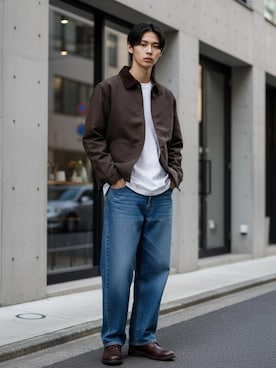 「Dickies（ディッキーズ）のDickies/ディッキーズ 別注 Hunting Jacket/オーバーサイズ コットン 襟コーデュロイ ハンティングジャケット/ワークジャケット/ブルゾン/レディース メンズ（ブルゾン、ブラウン系）」を使った、Lazarさん（メンズ・176cm）の春コーディネート