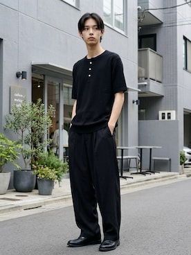 「JEMORGAN（ジェーイーモーガン）のJEMORGAN/ジェーイーモーガン 無地 ワッフル フライス ヘンリーネック 半袖Tシャツ/1P パックT/レディース メンズ（Tシャツ/カットソー、ブラック系）」を使った、Lazarさん（メンズ・176cm）の夏コーディネート