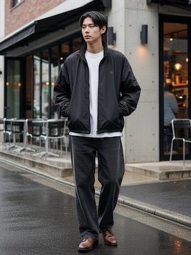 「U.S. POLO ASSN.（ユーエスポロアッスン）のU.S. POLO ASSN./ユーエスポロアッスン 別注 Nylon Piping Track Jacket/オーバーサイズ ナイロン ブロークコア ジップアップ トラックジャケット/アノラックジャケット/レディース メンズ（ナイロンジャケット、ブラック系）」を使った、Lazarさん（メンズ・176cm）の秋コーディネート