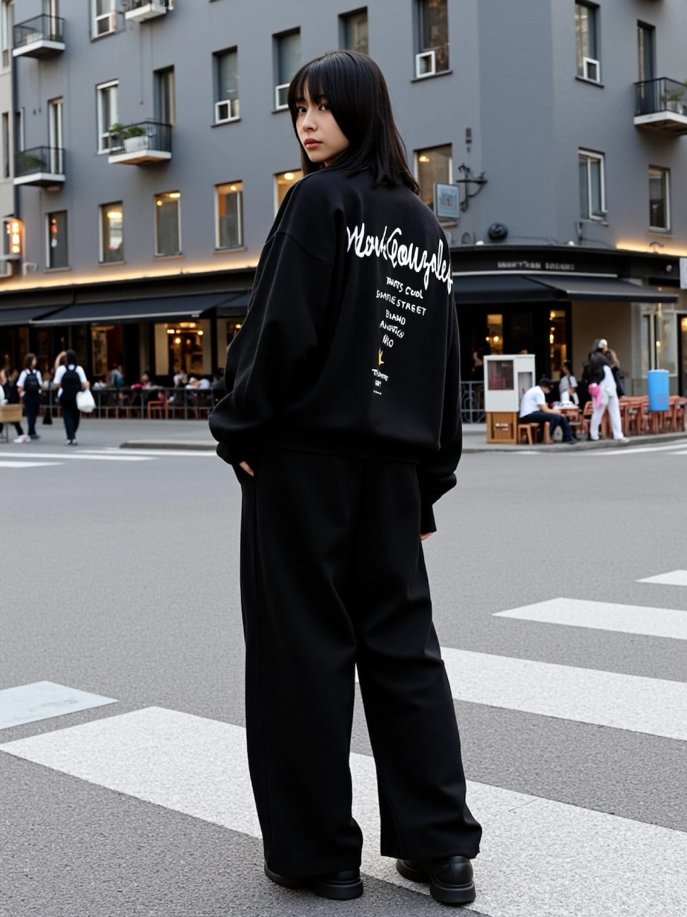 ブラック系のスウェットを着用したレディースの秋コーディネートの1枚目の写真