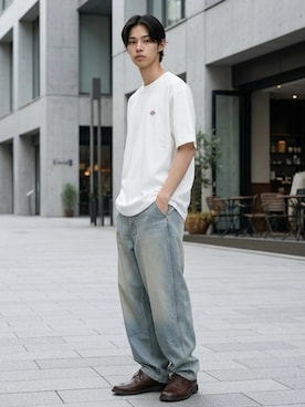 「Dickies（ディッキーズ）のDickies/ディッキーズ 別注 オーバーサイズ ミニロゴワッペン ワンポイント刺繍 半袖Tシャツ/無地T/リブライン リンガーT/レディース メンズ（Tシャツ/カットソー、ホワイト系）」を使った、Lazarさん（メンズ・176cm）の夏コーディネート