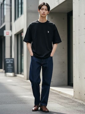 「U.S. POLO ASSN.（ユーエスポロアッスン）のU.S. POLO ASSN./ユーエスポロアッスン オーバーサイズ コットン ロゴ ワンポイント刺繍 半袖Tシャツ/無地T/レディース メンズ（Tシャツ/カットソー、ブラック系）」を使った、Lazarさん（メンズ・176cm）の春コーディネート