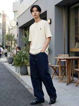 「U.S. POLO ASSN.（ユーエスポロアッスン）のU.S. POLO ASSN./ユーエスポロアッスン 別注 ワッフル/サーマル 無地 ロゴ ワンポイント刺繍 ヘンリーネック 半袖Tシャツ/レディース メンズ（Tシャツ/カットソー、ホワイト系）」を使った、Lazarさん（メンズ・176cm）の春コーディネート