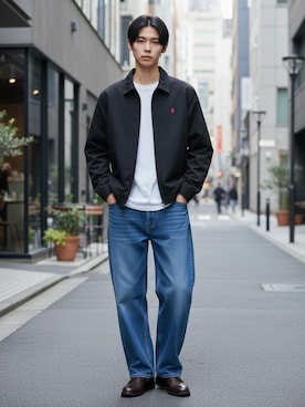 「BEVERLY HILLS POLO CLUB（ビバリーヒルズポロクラブ）のBEVERLY HILLS POLO CLUB/ビバリーヒルズポロクラブ Harrington Jacket/ツイル ロゴ ワンポイント刺繍 ハリントンジャケット/スイングトップ/ブルゾン/レディース メンズ（ブルゾン、ブラック系）」を使った、Lazarさん（メンズ・176cm）の春コーディネート
