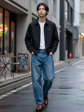 「BEVERLY HILLS POLO CLUB（ビバリーヒルズポロクラブ）のBEVERLY HILLS POLO CLUB/ビバリーヒルズポロクラブ Harrington Jacket/ツイル ロゴ ワンポイント刺繍 ハリントンジャケット/スイングトップ/ブルゾン/レディース メンズ（ブルゾン、ブラック系）」を使った、Lazarさん（メンズ・176cm）の春コーディネート