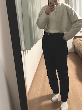 「GU（ジーユー）のアイテム（デニムパンツ、ブルー系）」を使った、Minea*さん（レディース・157cm）の冬コーディネート