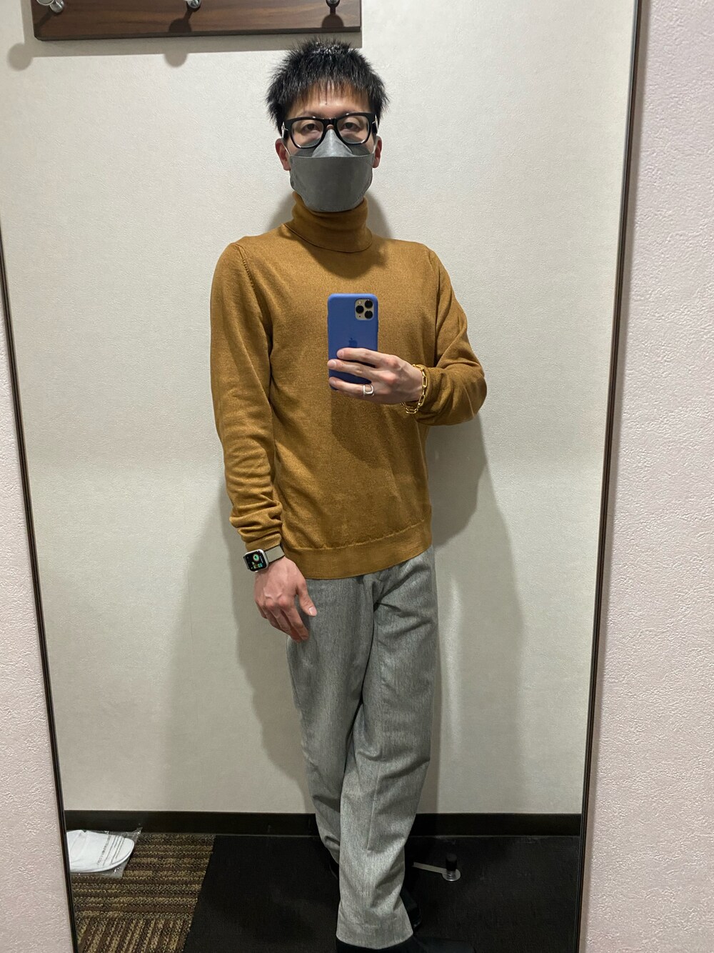 「春服デビュー宣言、メンズコーデ、ブーツ、ボッテガヴェネタ、ホーセンブース、シャルロットシェネ、インコテックス、スタジオニコルソン、低身長コーデ、低身長」｜「BOTTEGA VENETAのアイテム（メガネ、ブラック系）」を使った、まーしーさん（メンズ・159cm）の春コーディネートの1枚目の写真