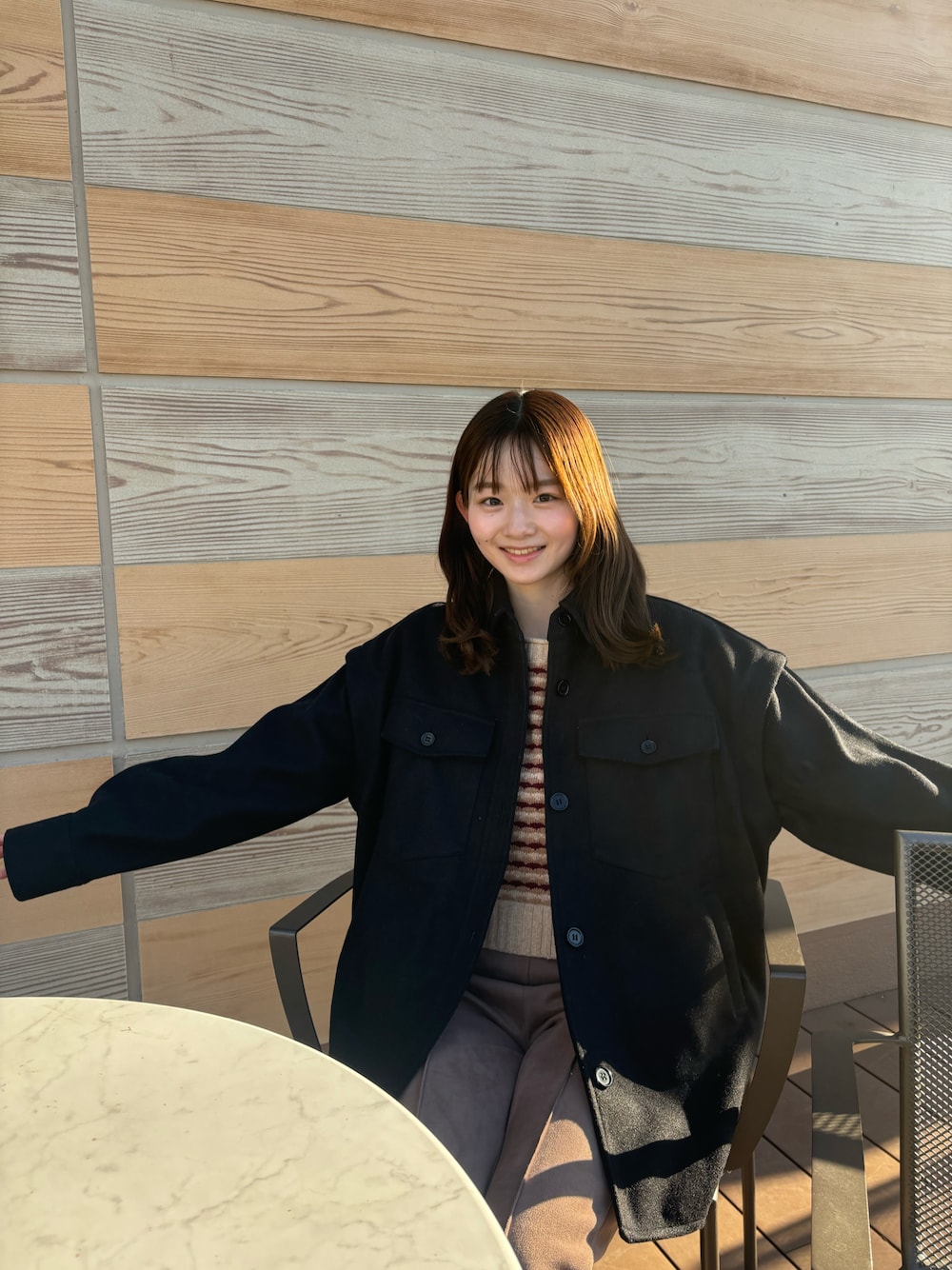 「シンプルカジュアル、CPOジャケット、coca、Miel Crishunant」｜「PINUEのアイテム（ニット/セーター、レッド系）」を使った、misaさん（レディース・157cm）の冬コーディネートの1枚目の写真